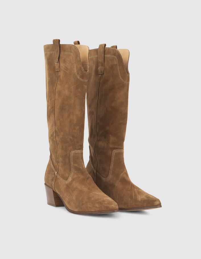 Women’s cognac suede cowboy-style boots - IKKS