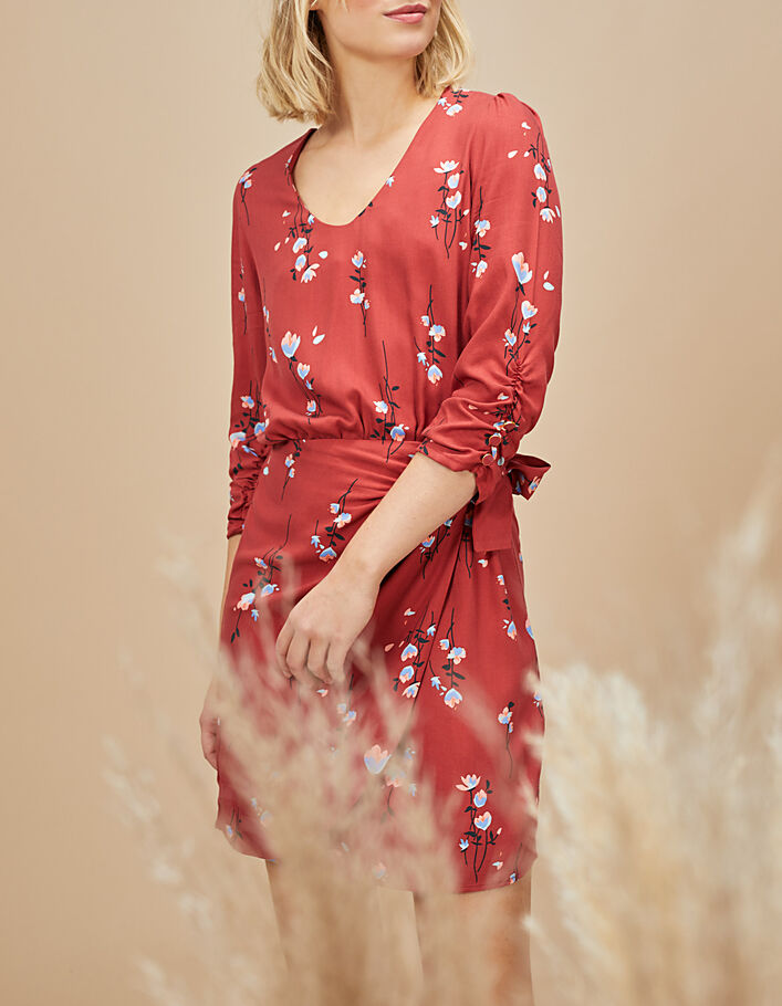 Granaatrode jurk, bloemenprint V-hals I.Code - I.CODE