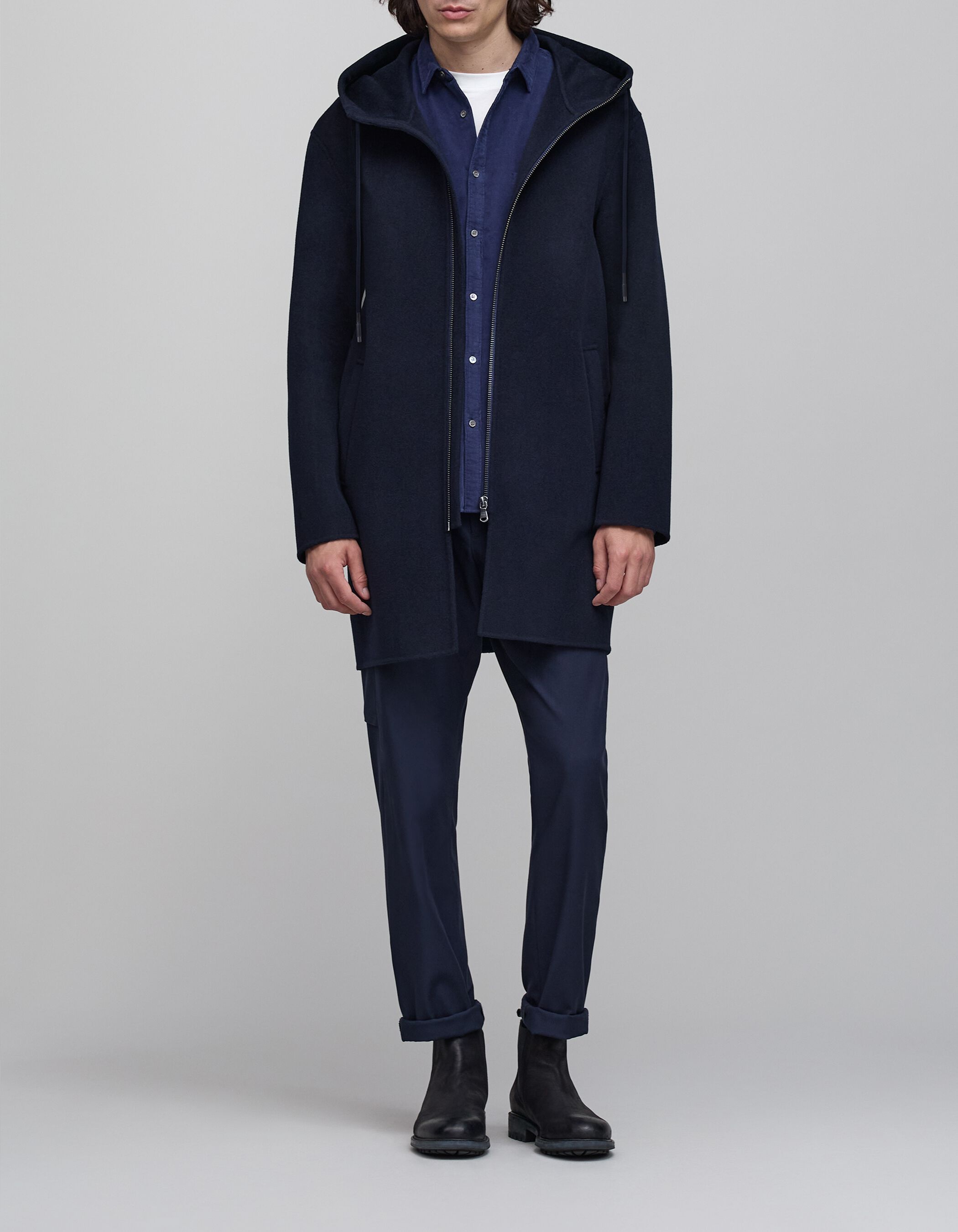 Men's navy wool hooded coat