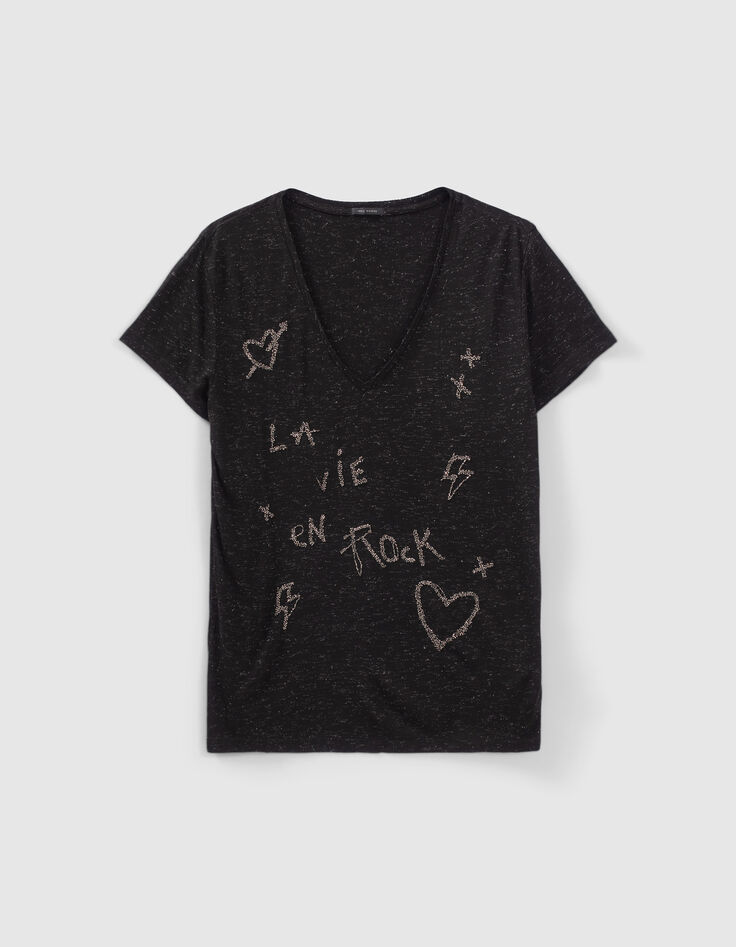 Schwarzes Damen-T-Shirt mit Glitzerschriftzug und Perlen-5