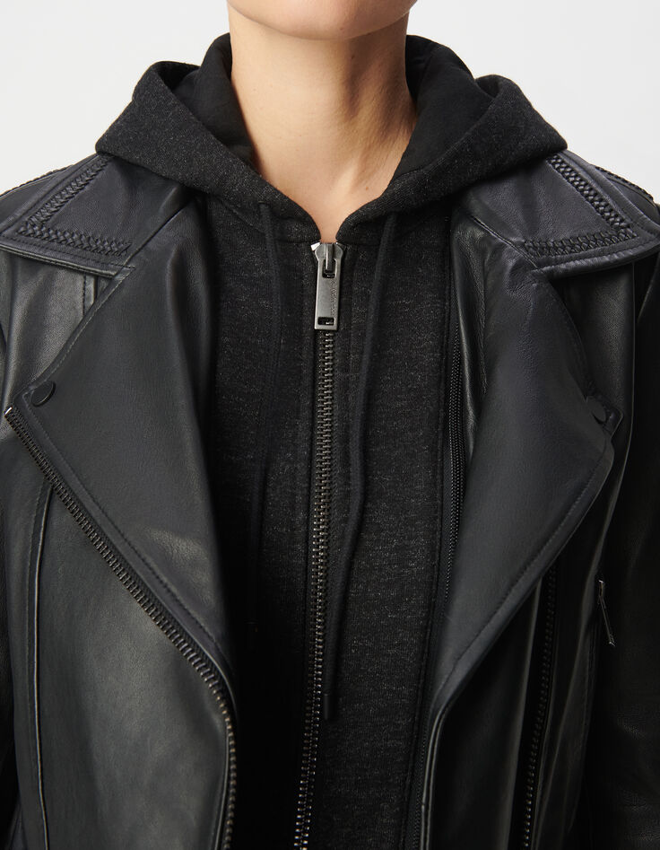 Women's black leather biker jacket with removable front panel-5
