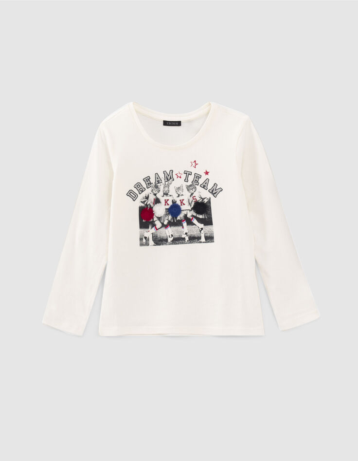 T-shirt blanc cassé visuel pom-pom girls 3D fille-1