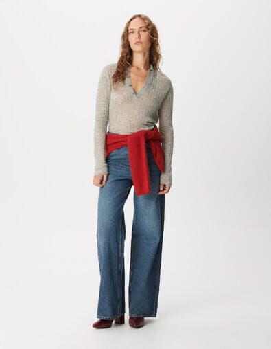 Jersey gris de punto acanalado con cuello polo Mujer - IKKS