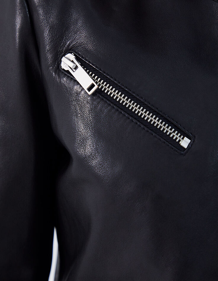 Blouson noir en cuir d'agneau capuche amovible femme-3
