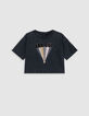 Grijs T-shirt biokatoen geflockte tekst en strepen meisjes-3