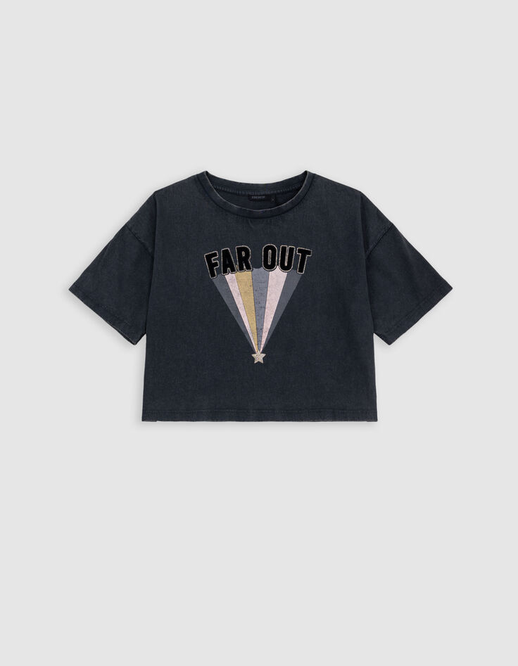 Grijs T-shirt biokatoen geflockte tekst en strepen meisjes-3