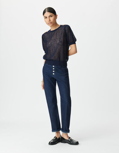 Women’s navy openwork knit sweater with buttoned shoulders - IKKS
