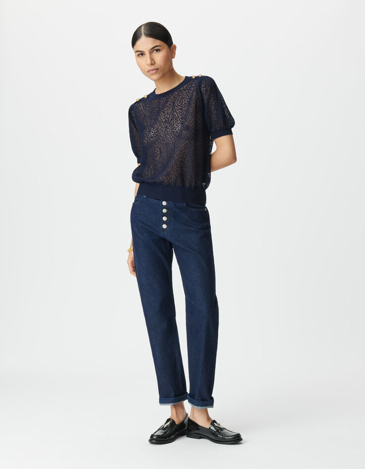 Women’s navy openwork knit sweater with buttoned shoulders-1