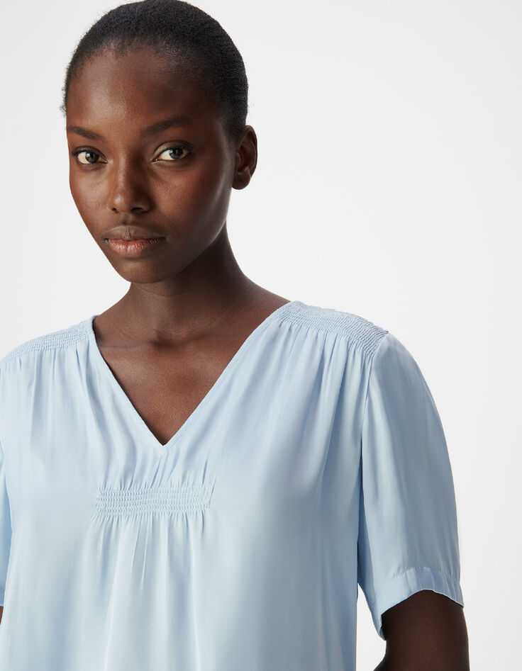 Top bleu satin&eacute; d&eacute;tails smocks Femme-4
