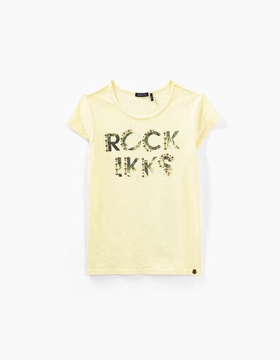 Leuchtend gelbes Mädchen-T-Shirt mit Schriftzug und Nieten - IKKS
