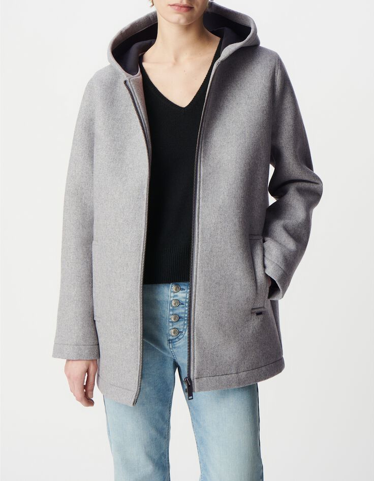 Manteau gris &agrave; capuche lainage esprit flanelle Femme-7