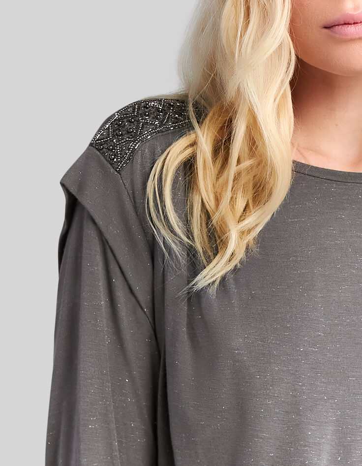 Graues Damen-T-Shirt mit kleinen Perlen an den Schultern-4