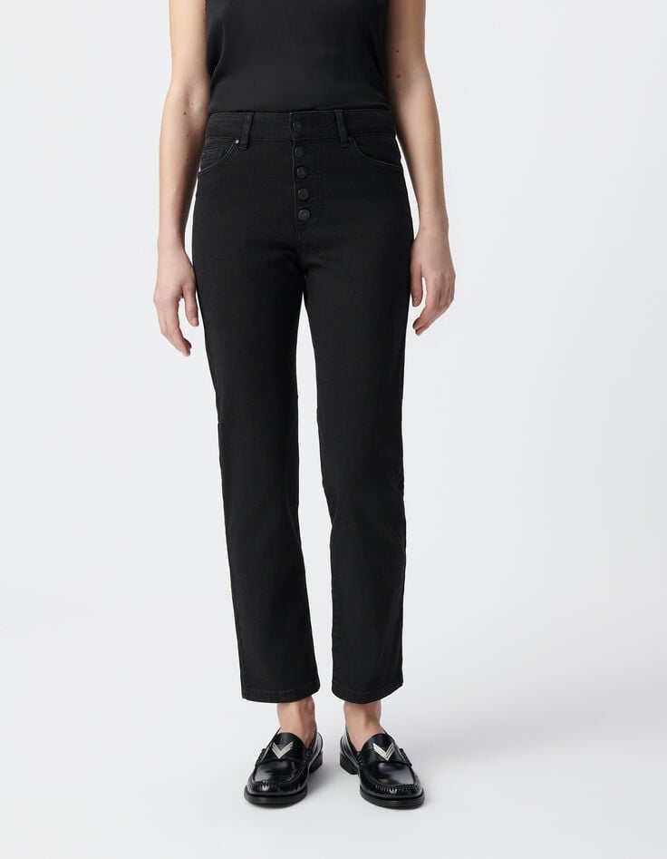 Vaqueros negros rectos de mujer con botones visibles-2