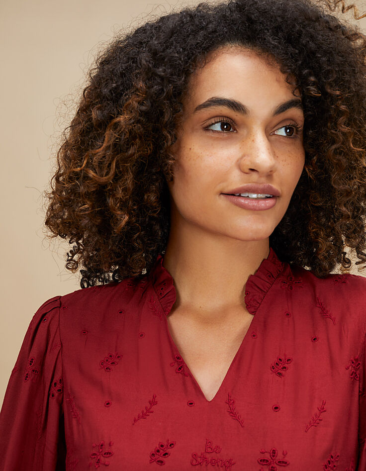 I.Code garnet red dress with ruffles & eyelet embroidery-5