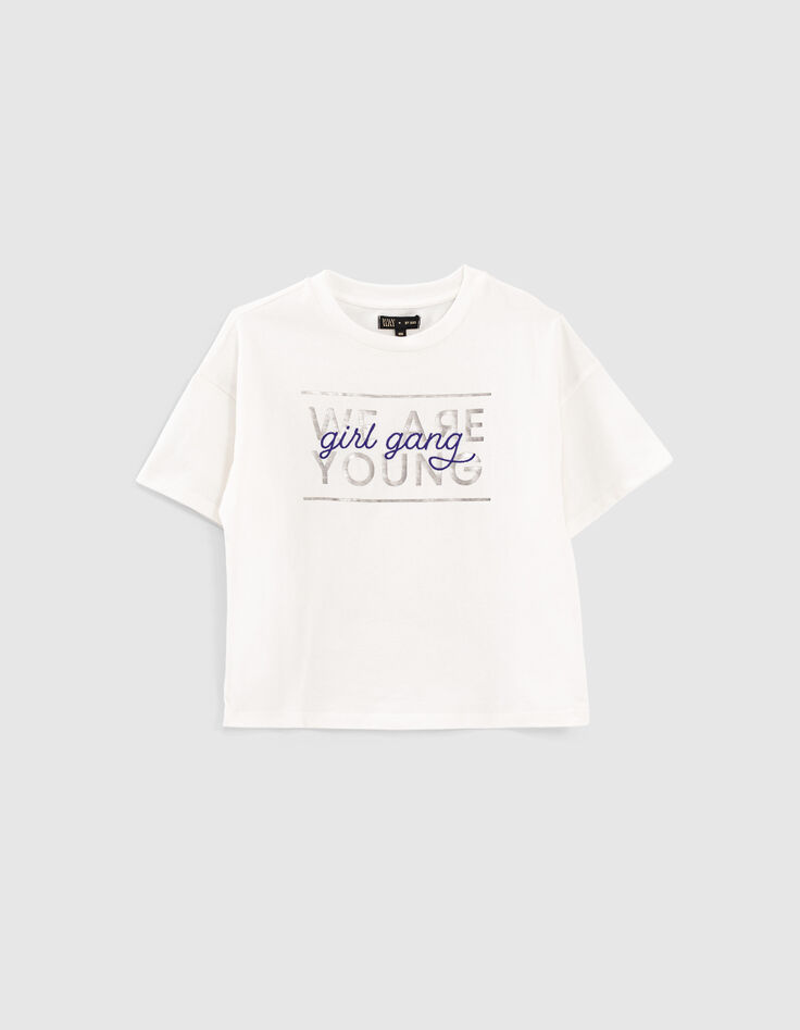 Camiseta blanco roto cropped mensaje ni&ntilde;a-2