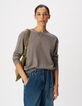 Pull manches longues taupe gris&eacute; tricot d&eacute;tail lurex Femme-2