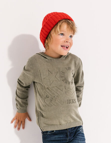 Boys’ khaki knit sweater with embossed shapes and hood