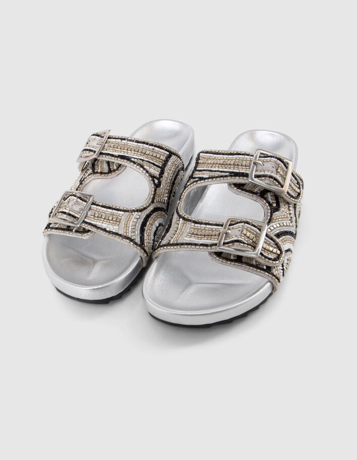 Women’s silver metallic leather mules with bead embroidery - IKKS