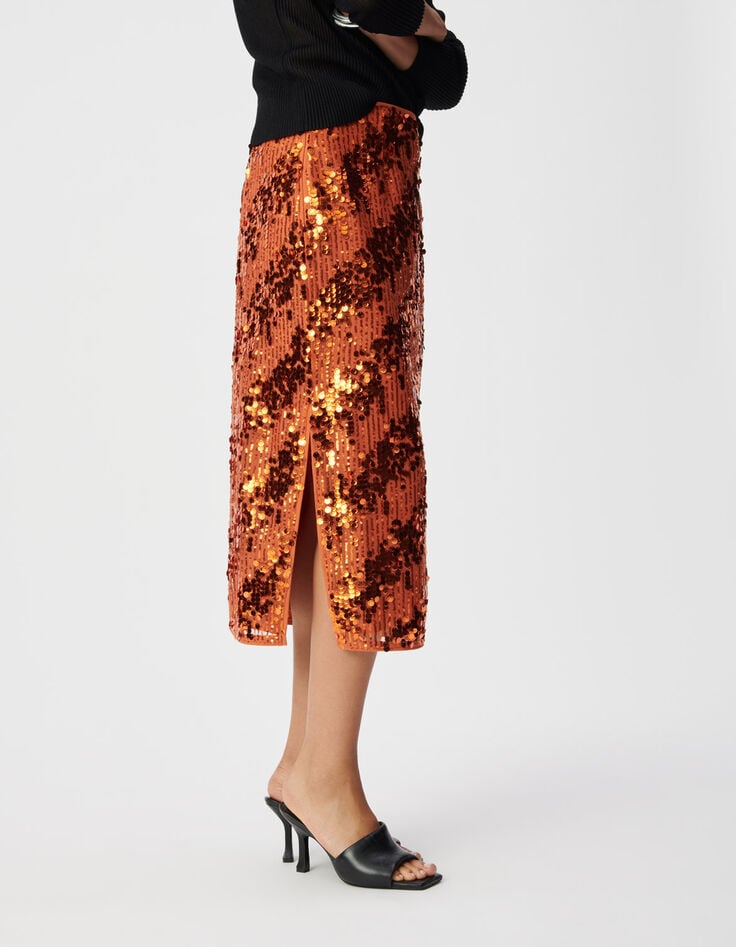 Midi sequinrok in pompoenkleur Dames-5