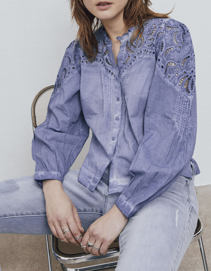 Women’s blue acid-washed blouse with embroidery - IKKS