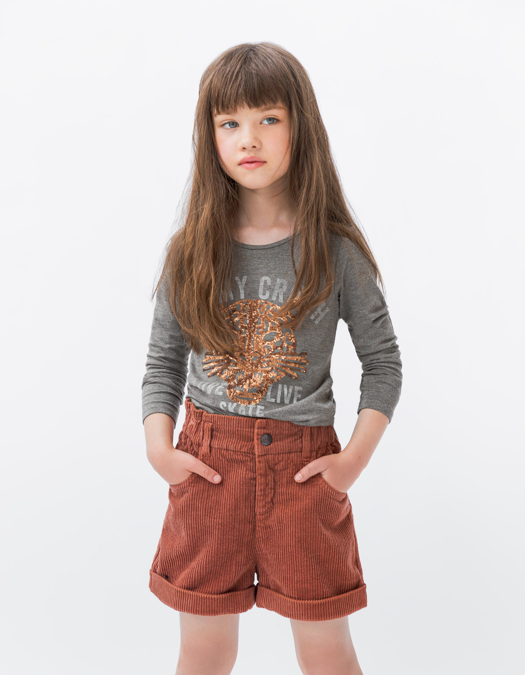 Girls khaki sequin leopard head T shirt