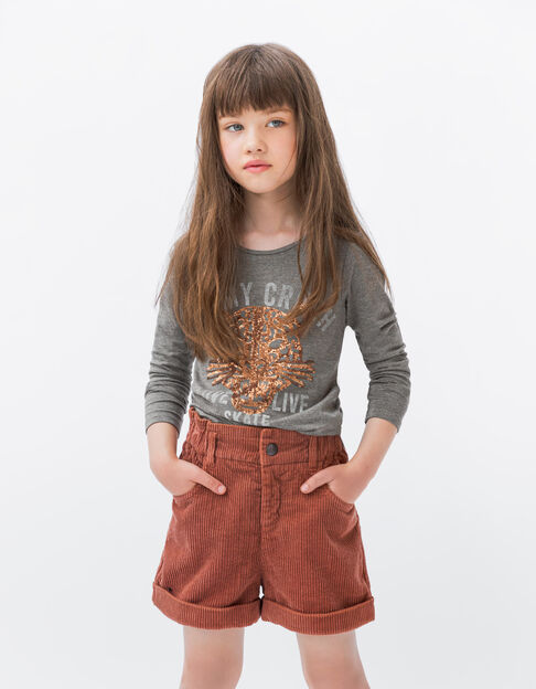 Khaki Mädchenshirt mit Leopardenkopf und pailletten