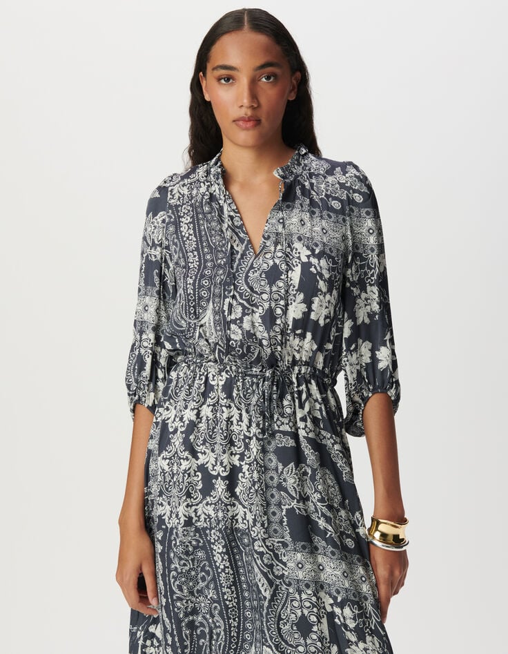 Women's grey blue satin long dress with scarf print-2