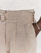 Pantalones camel lino algodón cinturón mujer-3