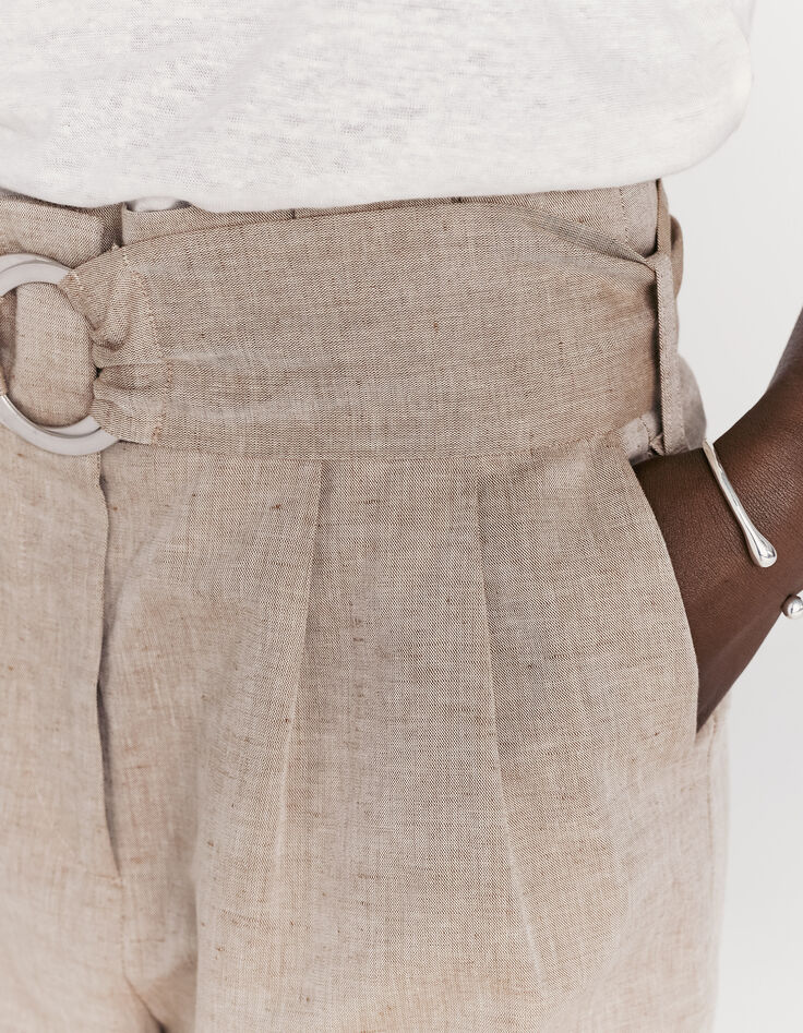 Pantalones camel lino algodón cinturón mujer-3
