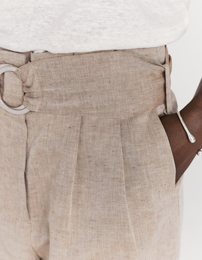 Pantalon large camel lin et coton ceinture amovible femme - IKKS