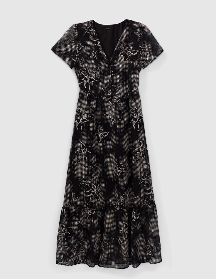 Women’s black long dress with ecru dandy flower print-5