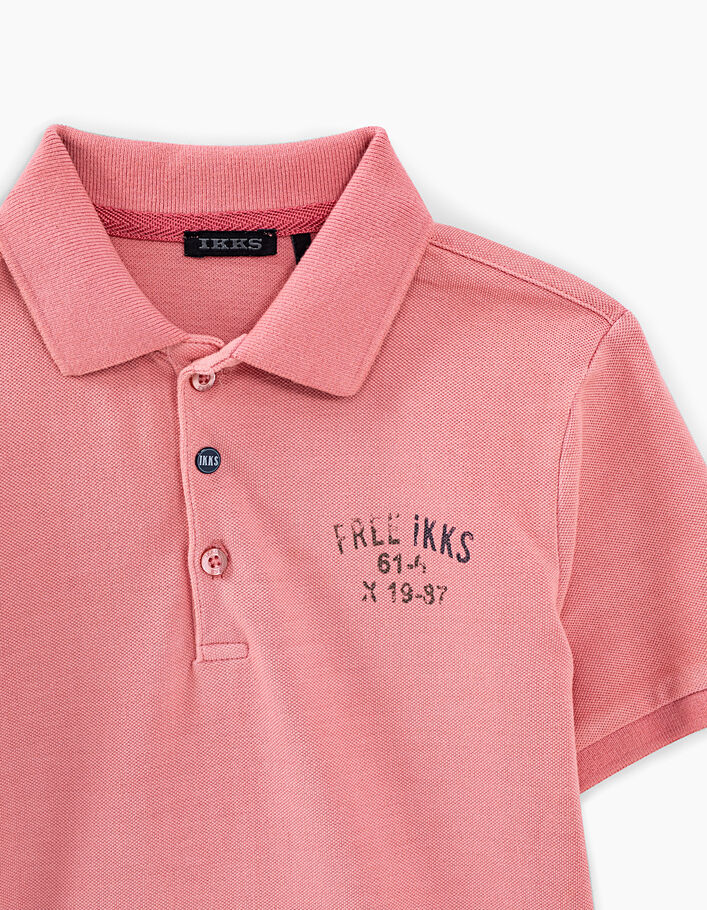 Boys' pink polo shirt with print and textured back