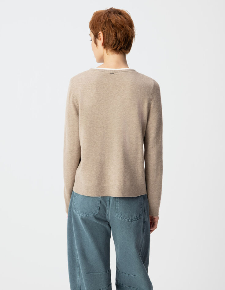 Beige wollen trui met trompe-l'oeil kraag Dames-3