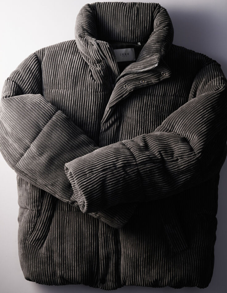 Grijze pufferjas ribvelours afneembare kap Heren-4