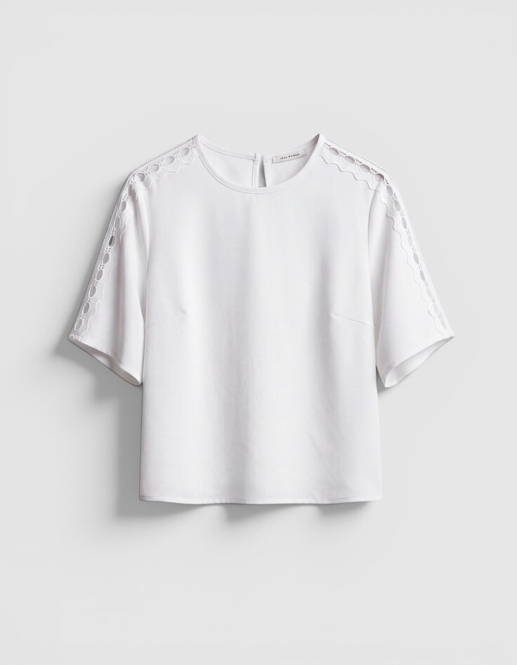 Top fluide &eacute;cru dentelle manches Femme-1
