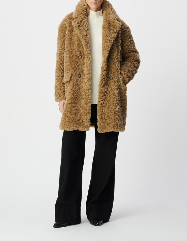 Manteau beige &agrave; poils longs Femme-1