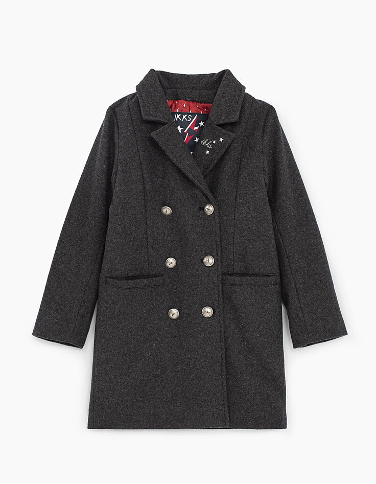 Girls’ grey coat, removable red sweatshirt fabric hood-4