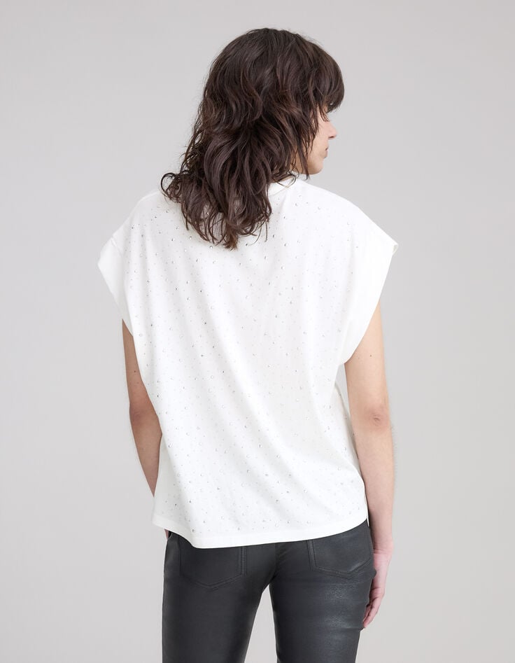 Weißes Damen-T-Shirt mit facettierten Nieten-3