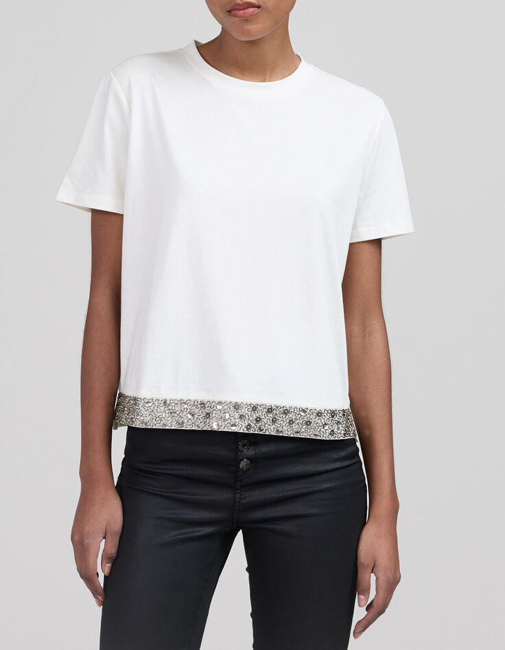 Wei&szlig;es Damen-T-Shirt aus Bio-Baumwolle mit Schmuckbesatz-2