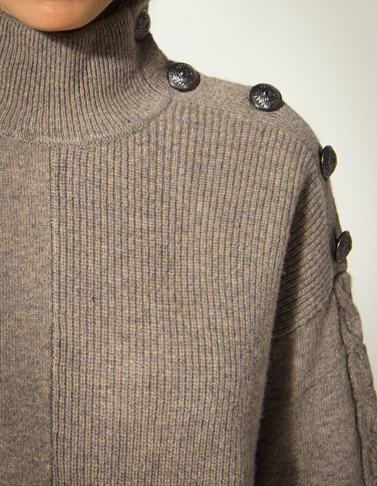 Pull en laine coloris sable boutons épaules femme-5
