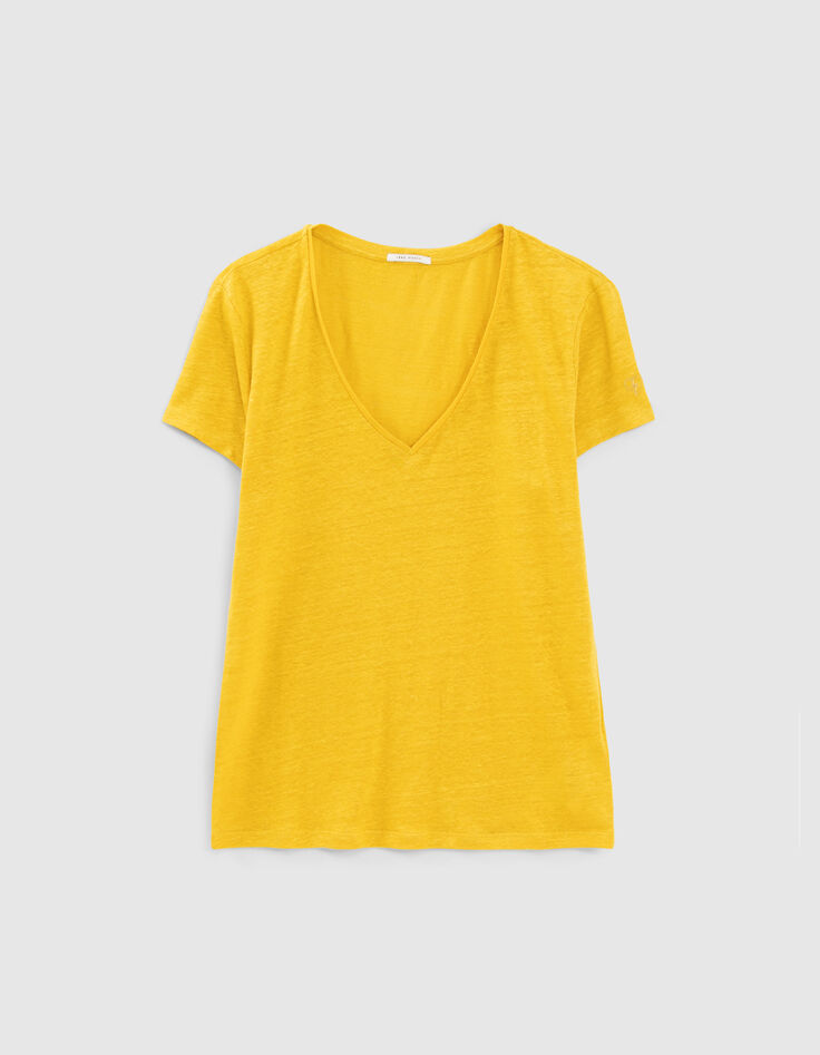 Tee-shirt jaune en lin broderie cœur éclair Femme-1