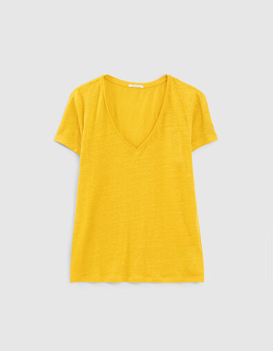 Tee-shirt jaune en lin broderie cœur éclair Femme - IKKS