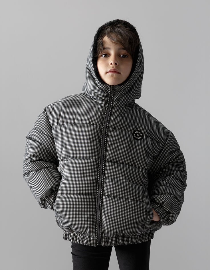 Plumas reversible negro pata de gallo y sherpa niña-2