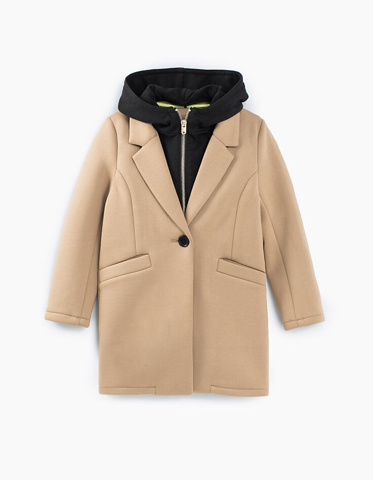 Manteau beige clair à capuche noire amovible fille-3