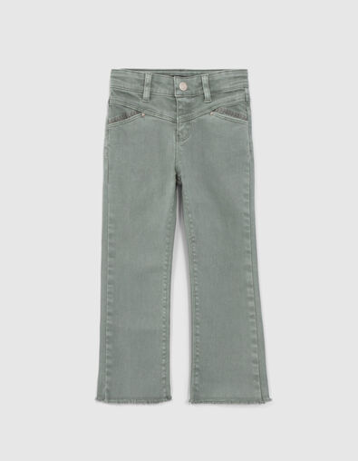 Girls' khaki 7/8 flared jeans with fringed cuffs - IKKS