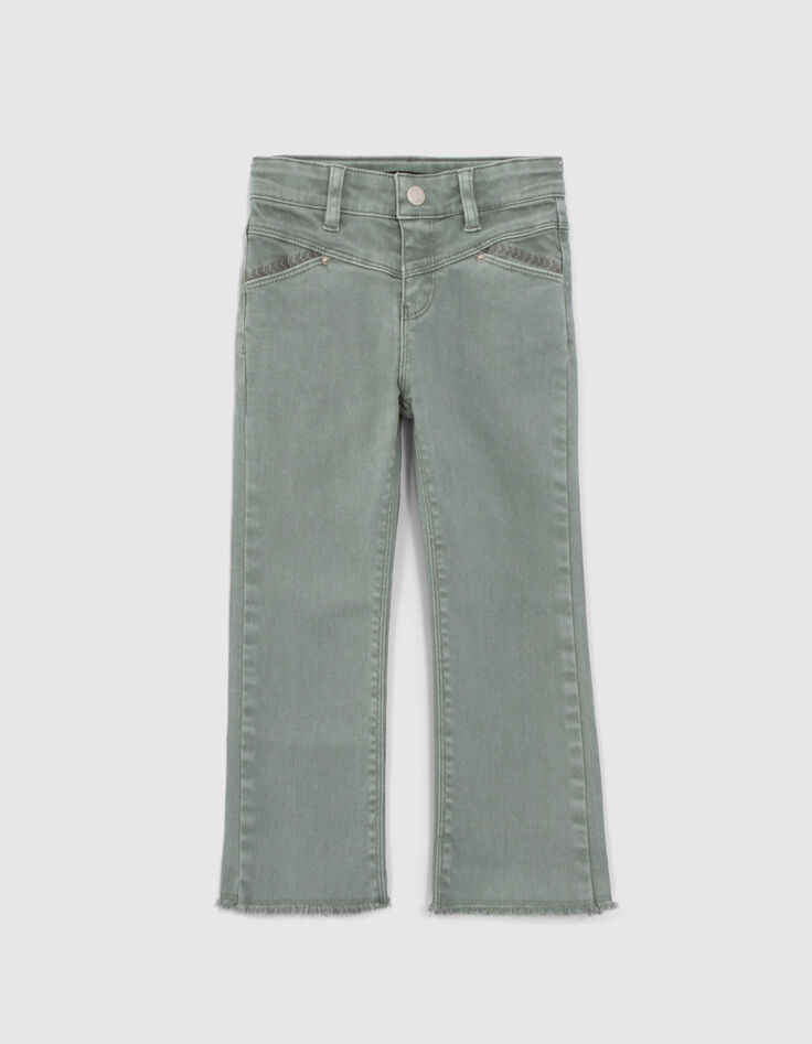 Girls' khaki 7/8 flared jeans with fringed cuffs-1