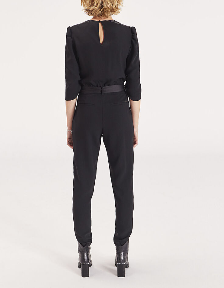 Langer, schwarzer Damenchiffonoverall mit Satinr&uuml;ckseite-3
