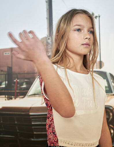 Tee-shirt cropped blanc cassé et fleuri fille - IKKS