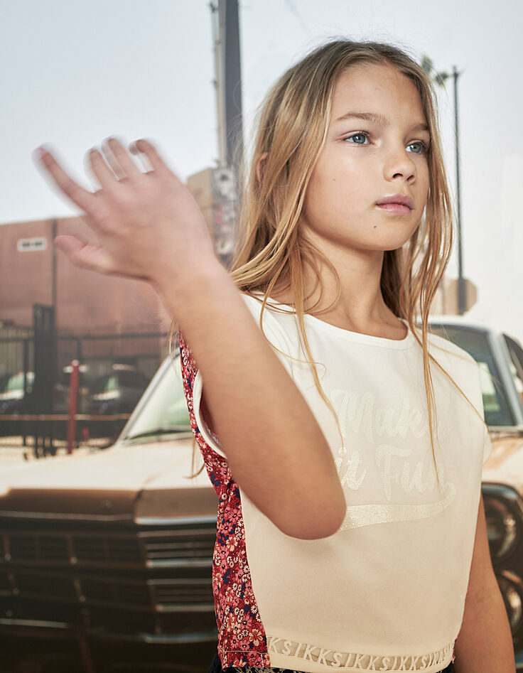 Tee-shirt cropped blanc cassé et fleuri fille-1