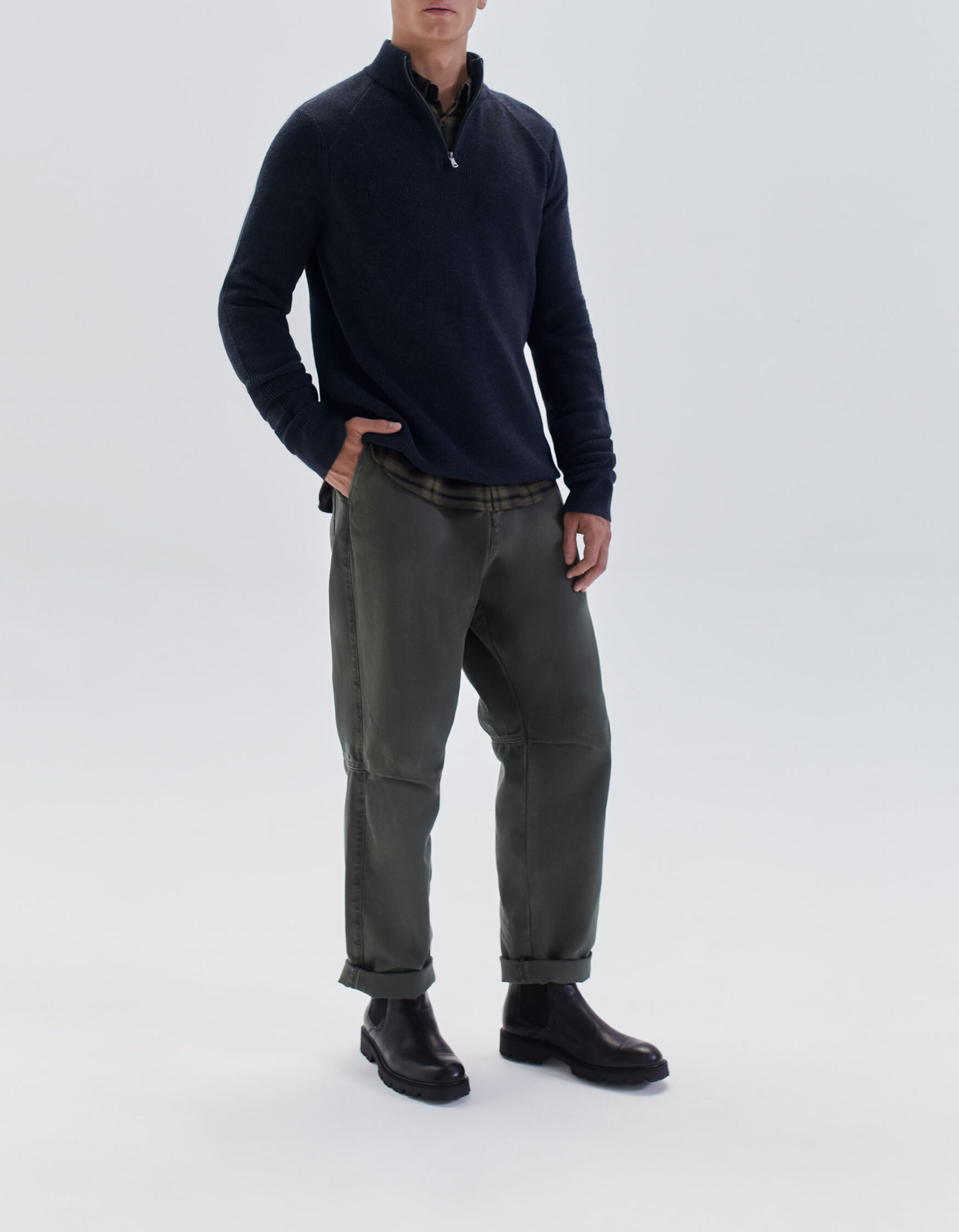 Men's navy ribbed knit zipped-neck sweater